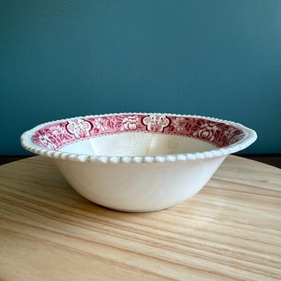 Wood & Sons Aquila Pink Round 8.25" Serving Bowl Gadroon Edge Floral Border & Bi - Picture 8 of 10